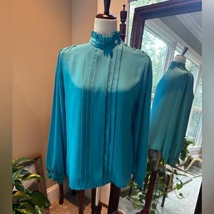 Vintage turquoise high neck button detail blouse